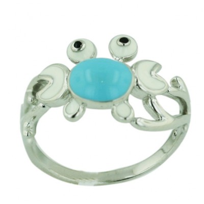 Sterling Silver Ring Turquoise Blue+White Enamel Crab with Black Enamel