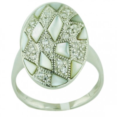 Sterling Silver Ring 19X14mm Oval White Mother of Pearl+Clear Cubic Zirconia Rhombus