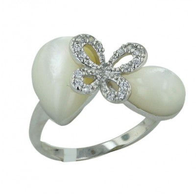 Sterling Silver Ring 10mm+7mm White Mother of Pearl Tear Drop with Clear Cubic Zirconia Butterfly-