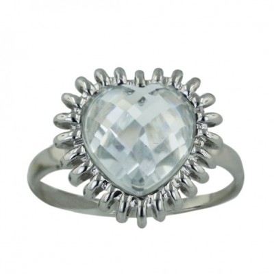 Sterling Silver Ring 15mm Clear Cubic Zirconia Chess Cut Heart with Spikes Around