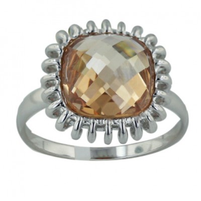 Sterling Silver Ring 12X12mm Champagne Cubic Zirconia Cushion Chess Cut with Spikes A