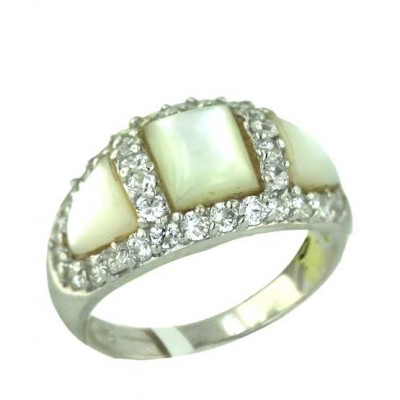 Sterling Silver Ring 3 Part White Mother of Pearl with Clear Cubic Zirconia