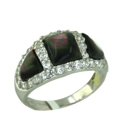 Sterling Silver Ring 3 Part Black Mother of Pearl with Clear Cubic Zirconia