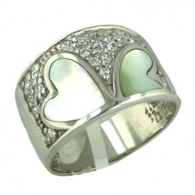Sterling Silver Ring Pave Clear Cubic Zirconia with White Mother of Pearl Inlay Heart