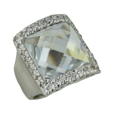 Sterling Silver Ring 21.5X19.5mm Rectangular Chess Cut with Clear Cubic Zirconia Around-
