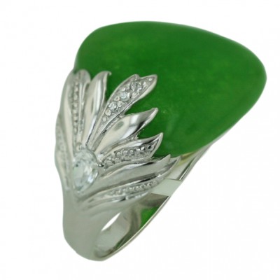 Sterling Silver Ring 22X18mm Gr. Jade Trillion with Clear Cubic Zirconia Leaves R