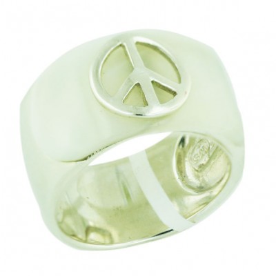Sterling Silver Ring White Mother of Pearl Bridge with Plain Peace Symbol--E