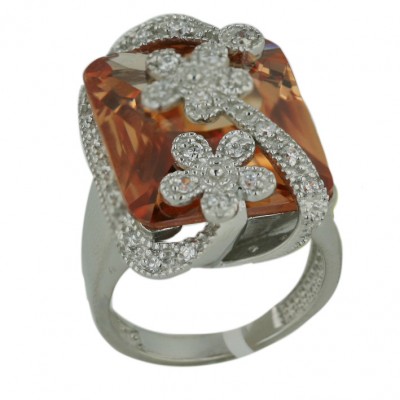 Sterling Silver Ring 20X17mm Champagne Cubic Zirconia Cushion with Clear Cubic Zirconia Flwrs