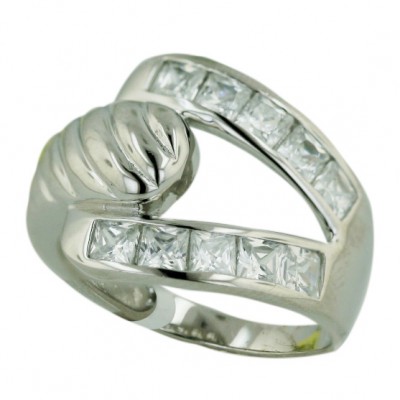 Sterling Silver Ring Clear Cubic Zirconia 2 Layer Square Princess Cut with Plain Lin