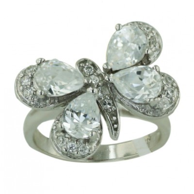 Sterling Silver Ring Clear Cubic Zirconia Butterfly with Pave Cubic Zirconia Around--Rhodium Plating/Nickle Free-