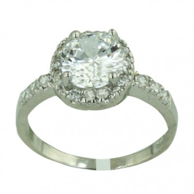 Sterling Silver Ring 11mm Clear Cubic Zirconia Round with 4 Prongs--Rhodium Plating/Nickle Free--