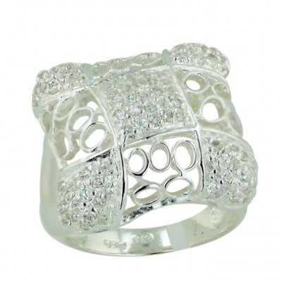Sterling Silver Ring 20X20mm Clear Cubic Zirconia Cushion with Plain Open Round S