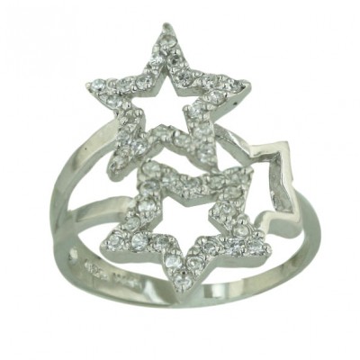 Sterling Silver Ring Clear Cubic Zirconia+Plain Open Stars--Rhodium Plating/Nickle Free--