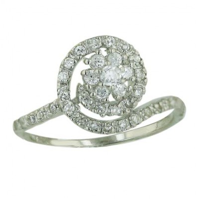 Sterling Silver Ring Clear Cubic Zirconia Swirl with Flower Inside--Rhodium Plating/Nickle Free--