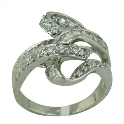 Sterling Silver Ring Clear Cubic Zirconia Baguette+Pave Cubic Zirconia Open Sided Heart--