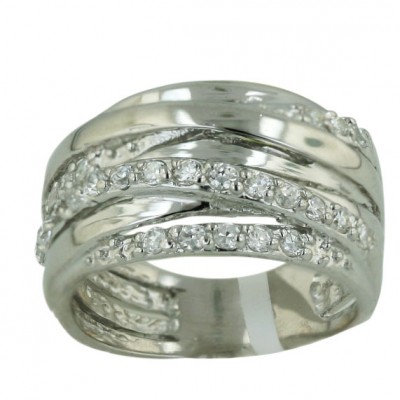 Sterling Silver Ring Clear Cubic Zirconia+Plain Criss Cross Multicolor-Lines--Rhodium Plating/N