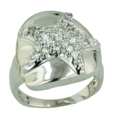 Sterling Silver Ring Clear Cubic Zirconia Star on Plain Shell--Rhodium Plating/Nickle Free--