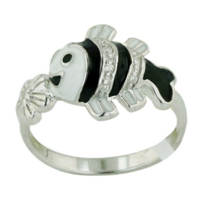 Sterling Silver Ring Black+White Enamel+Clear Cubic Zirconia Fishy