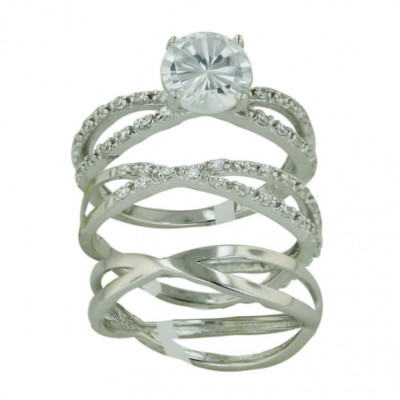 Sterling Silver Ring 3 Pcs Engagement 8 mm Clear Cubic Zirconia Solitaire with Op