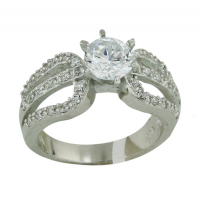 Sterling Silver Ring 7mm Clear Cubic Zirconia Solitaire with 3 Open Clear Cubic Zirconia Line