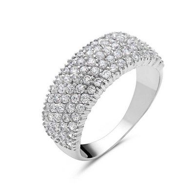 Sterling Silver Ring Clear Cubic Zirconia Five Lines Half Eternity--Rhodium Plating/Nickle Free--