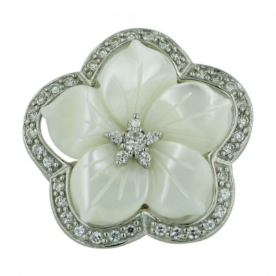 Sterling Silver Ring 5 White Mother of Pearl Petals with Clear Cubic Zirconia Flower Ctr+Cubic Zirconia Aro
