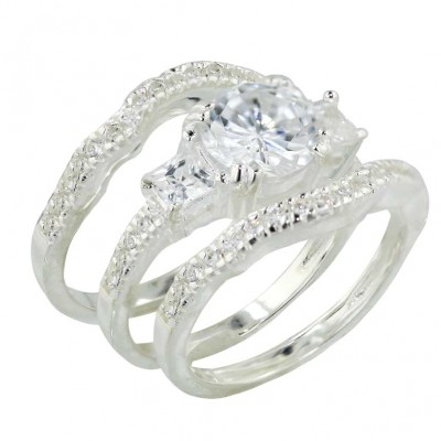 Sterling Silver Ring 8mm Clear Cubic Zirconia Solitaire with Clear Cubic Zirconia Square Sides +4