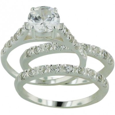 Sterling Silver Ring 3 Pcs Engagement 7mm Clear Cubic Zirconia Solitaire with Clear