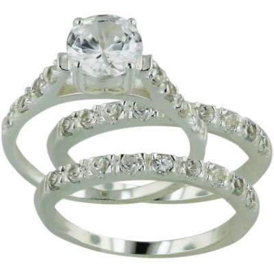 Sterling Silver Ring 3 Pcs Engagement 7mm Clear Cubic Zirconia Solitaire with Cubic Zirconia