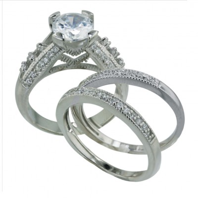 Sterling Silver Ring 3 Pcs Engagement 9mm Clear Cubic Zirconia Solitaire with Cubic Zirconia