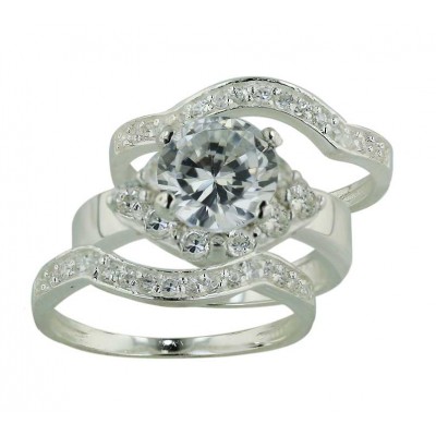 Sterling Silver Ring 3 Pcs Engagement 8mm Clear Cubic Zirconia Solitaire with Clz