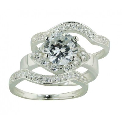Sterling Silver Ring 3 Pc Engagement 8mm Clear Cubic Zirconia Solitaire E/Cubic Zirconia A