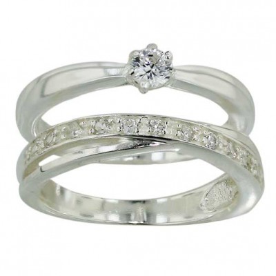 Sterling Silver Ring 2 Pcs Engagement 4mm Clear Cubic Zirconia Round with Cubic Zirconia Cris