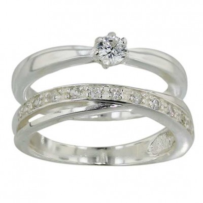 Sterling Silver Ring 2 Pcs Engagement 4mm Clear Cubic Zirconia Solitaire with Clear