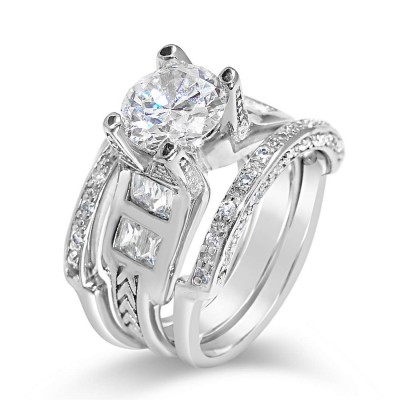 Sterling Silver Ring 3 Pcs Engagement 9mm Clear Cubic Zirconia Solitaire with Cubic Zirconia