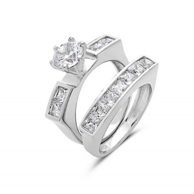 Sterling Silver Ring 2 Pcs Engagement 7mm Clear Cubic Zirconia Solitaire with Clear