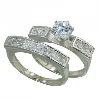 Sterling Silver Ring 2 Pcs Engagement 7mm Clear Cubic Zirconia Solitaire with Clear