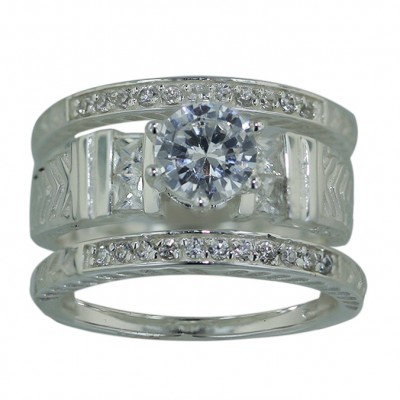 Sterling Silver Ring 3 Pcs Engagement 7mmcl Cubic Zirconia Solitaire with 6 Pr