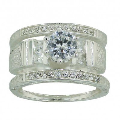 Sterling Silver Ring 3 Pcs Engagement 7mmcl Cubic Zirconia Solitaire with 6 Pr