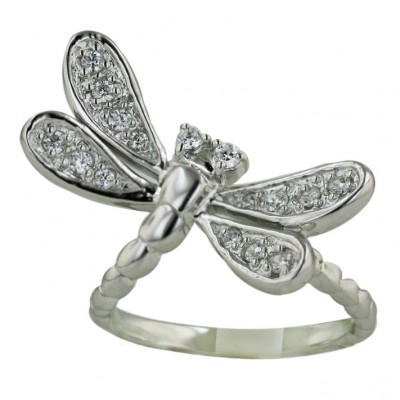Sterling Silver Ring Clear Cubic Zirconia Aside Dragonfly--Rhodium Plating/Nickle Free-- - 9