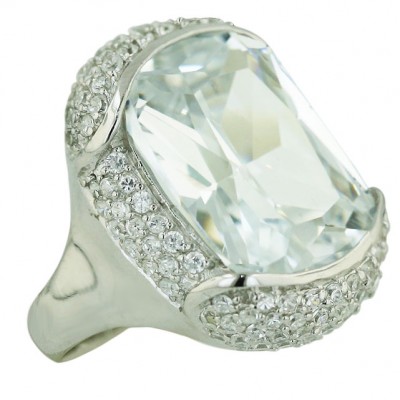 Sterling Silver Ring 26.5X19.5mm Clear Cubic Zirconia Oval Facetted Cut--E-coated/N