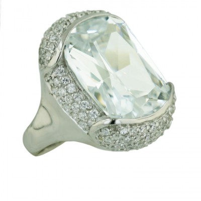 Sterling Silver Ring 26.5X19.5mm Clear Cubic Zirconia Oval Facetted Cut--Rhodium Plating/N