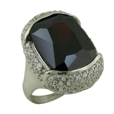 Sterling Silver Ring 26.5X19.5mm Garnet Cubic Zirconia Oval Facetted Cut--Rhodium Plating/N