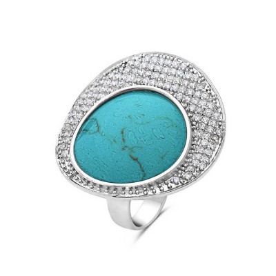 Sterling Silver Ring 30X30mm Synthetic Turquoise Round Bezel Set with Clear Cubic Zirconia Ar
