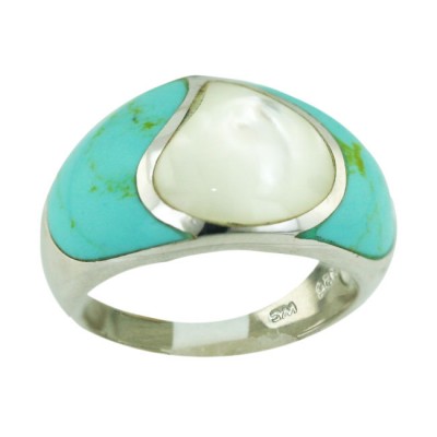 Sterling Silver Ring Faux Turquoise with White Mother of Pearl Heart