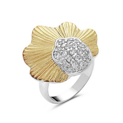 Sterling Silver Ring 23mm 2 Tone Gold Flower Line Texture with Clear Cubic Zirconia