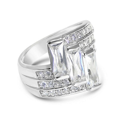 Sterling Silver Ring Oppositive 3 Cubic Zirconia Lines with 3 Clear Cubic Zirconia Rectangular Ctr