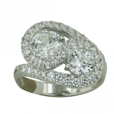 Sterling Silver Ring Clear Cubic Zirconia S Lines with 7+6mm Round Clear Cubic Zirconia
