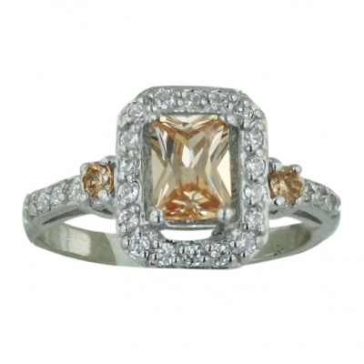 Sterling Silver Ring 7X5mm Rectangular Champagne Cubic Zirconia+2 Sided with Clear Cubic Zirconia Surroun
