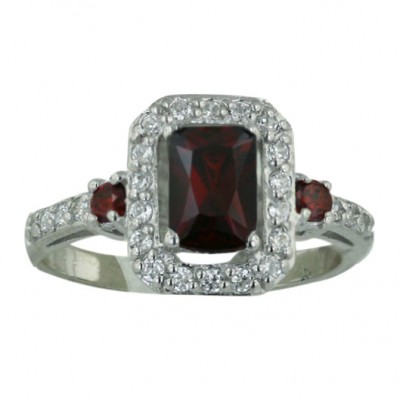 Sterling Silver Ring 7X5mm Rectangular Garnet Cubic Zirconia+2 Sided with Clear Cubic Zirconia Surroun
